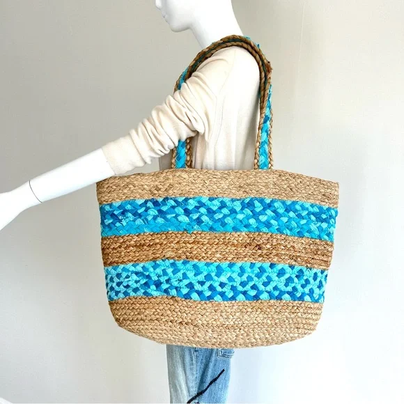 CHICO’S Beige Woven Jute Raffia Turquoise Blue Fabric Beach Travel Shoulder Tote - Picture 2 of 11